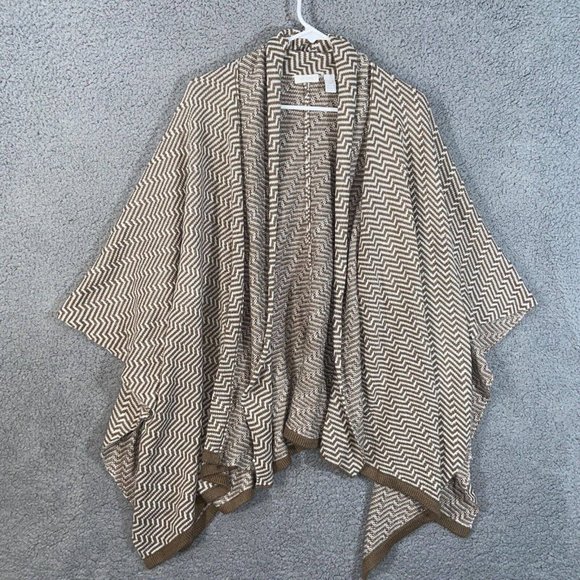 Chico's Shawl Womens Brown White One Size Knit Zigzag Kimono Sleeves Open Front - Picture 1 of 10